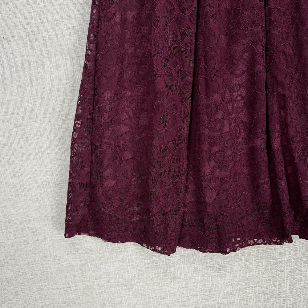 Dress Womens Medium Burgundy Lace Shoulder‎ Puff Sleeve Fit Flare Midi Formal - Picture 6 of 11